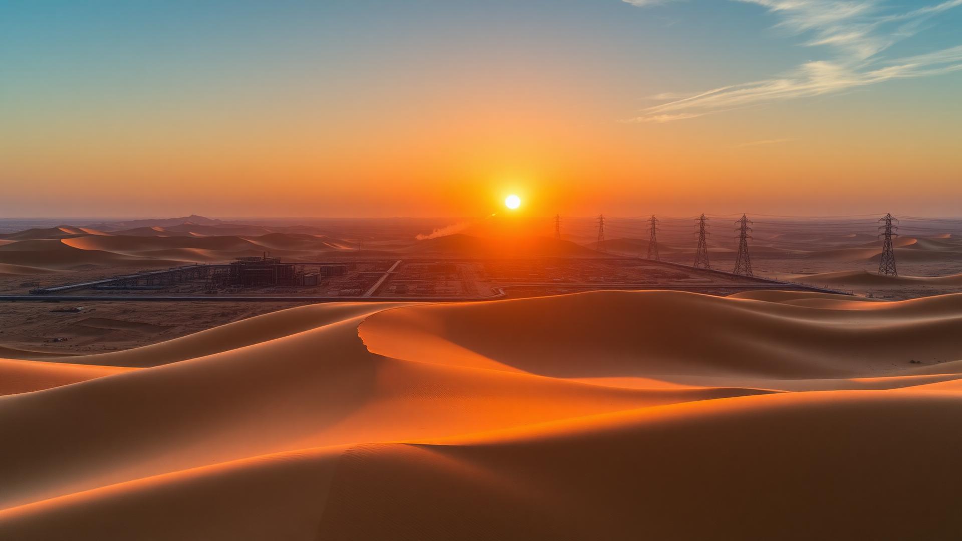 Sahara landscape with industrial infrastructure at sunset